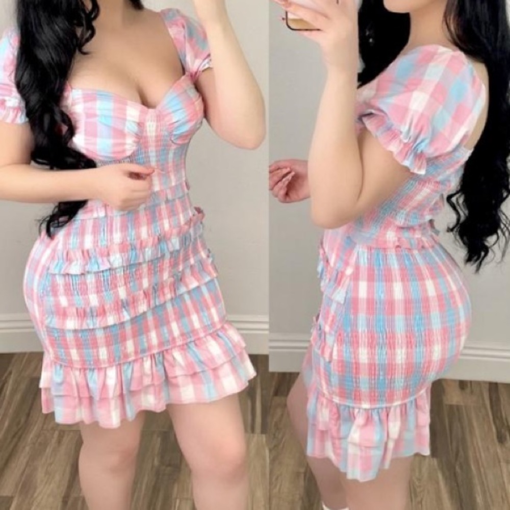 Super cute colorful blue and pink mini dress